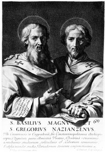 Sint Basilius de Grote en Sint Gregorius van Nazianze, prent gemaakt door Gerard Edelinck